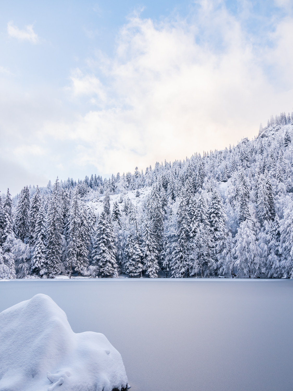 photo du lac Vert de Passy gelé avec les sapins sous la neige