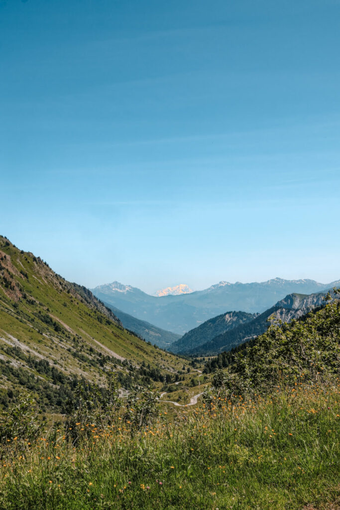 vue sur une vallée avec au fond le mont blanc