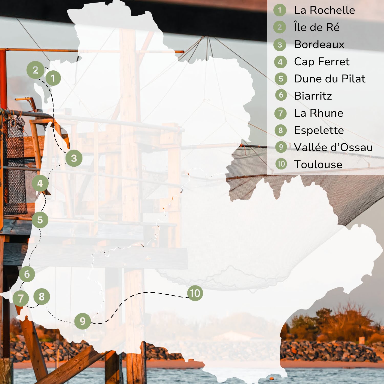 carte d'un itinéraire d'un road trip dans le sud ouest de la france