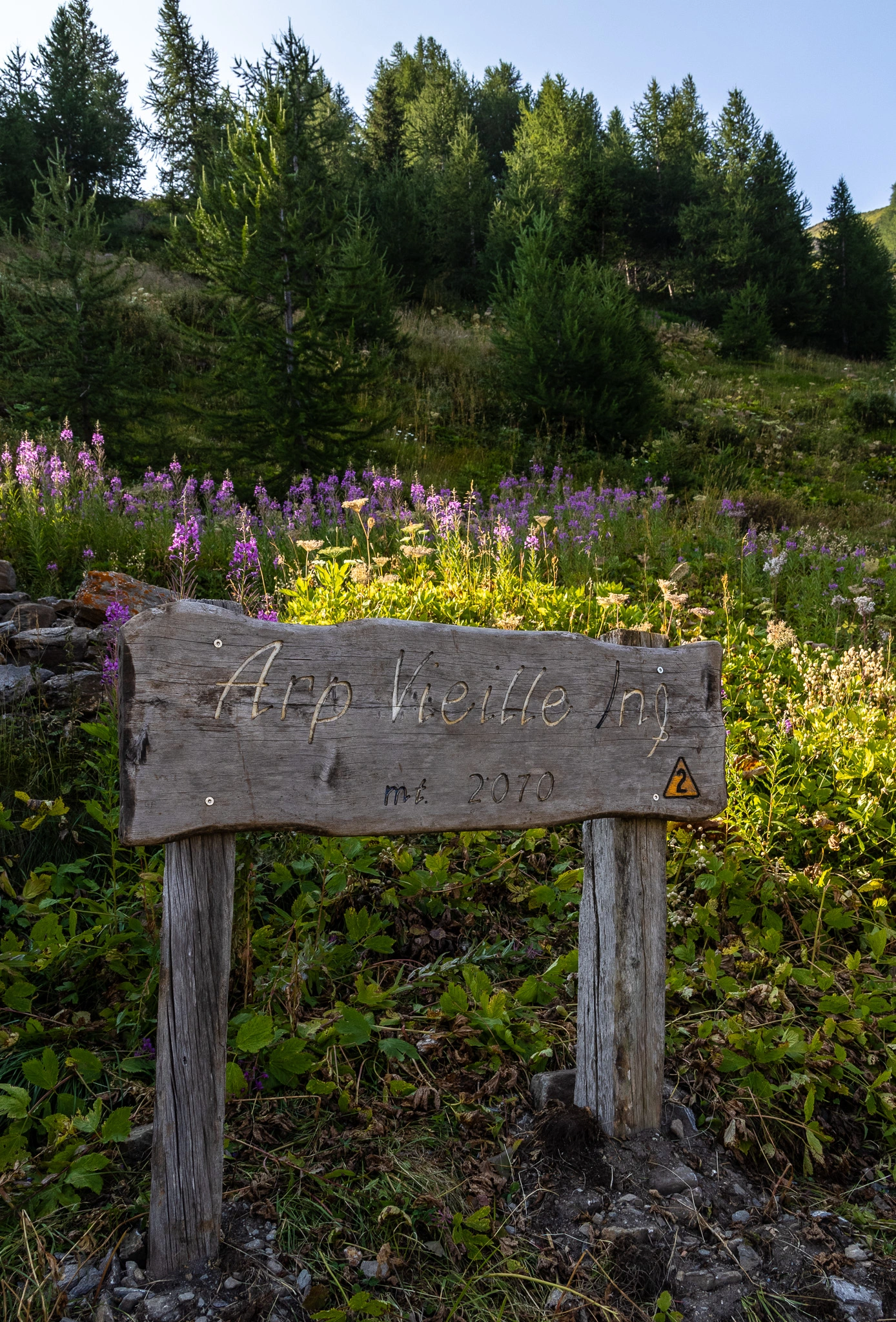 panneau rustique sur sentier de montagne