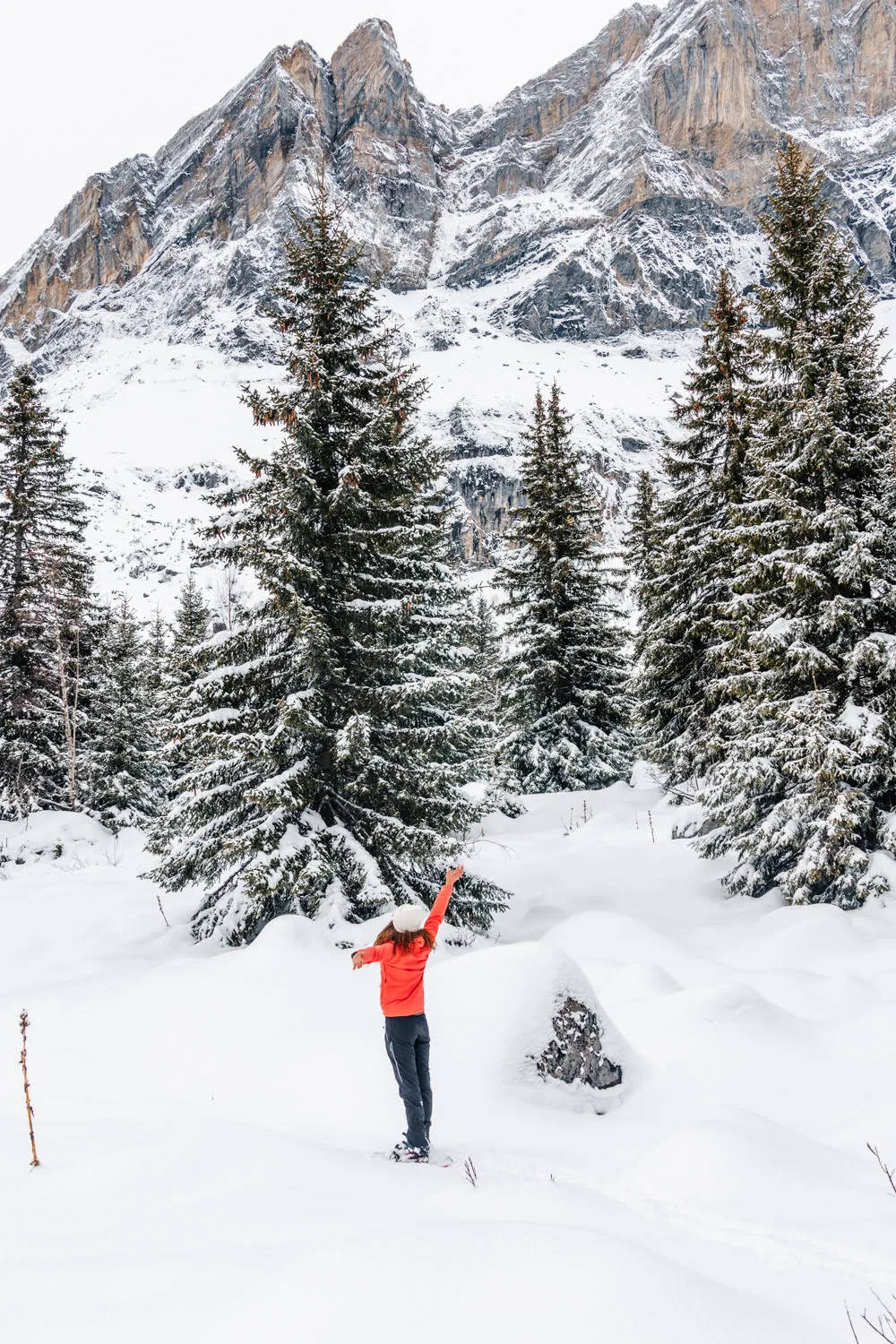 fille dans la neige devant un paysage de montagne