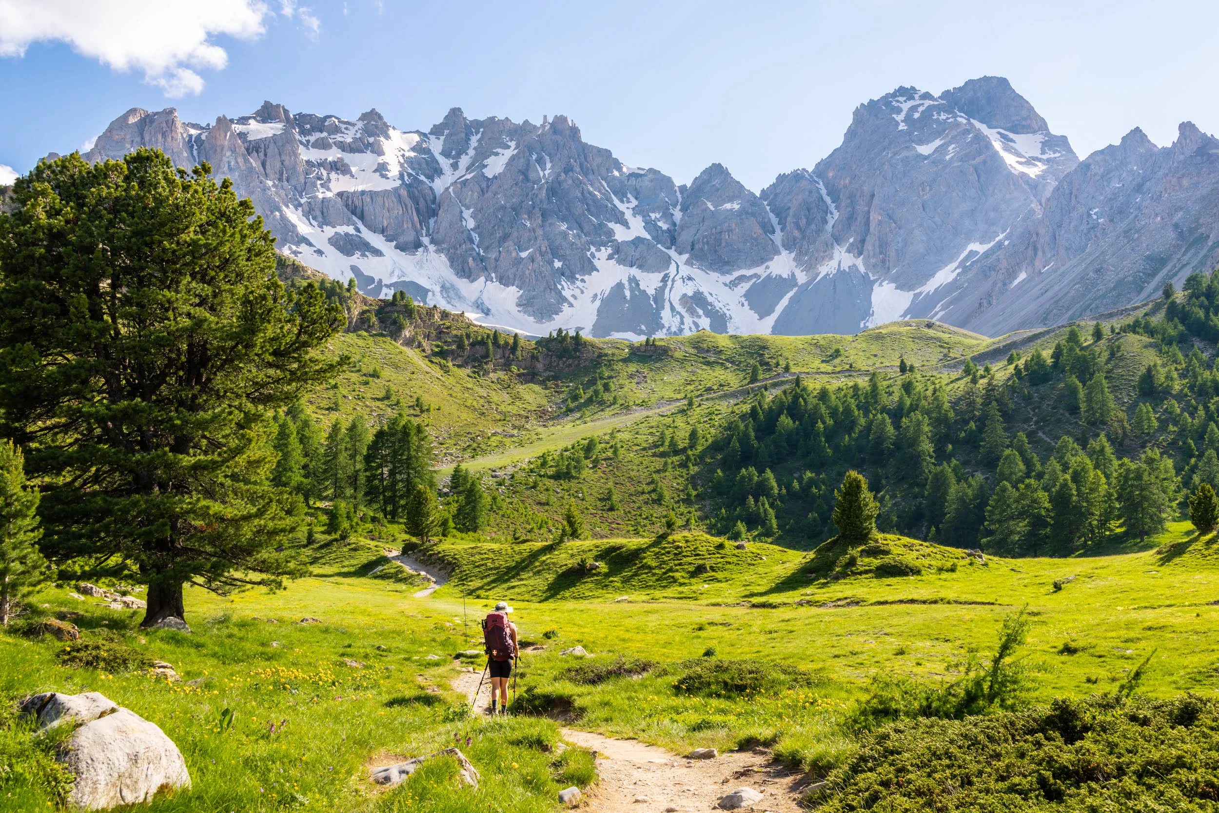 paysage de montagne avec verdure et randonneuse sur un sentier