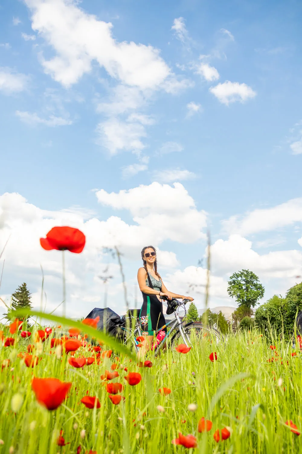cycliste sur son velo dans un champ de coquelicot
