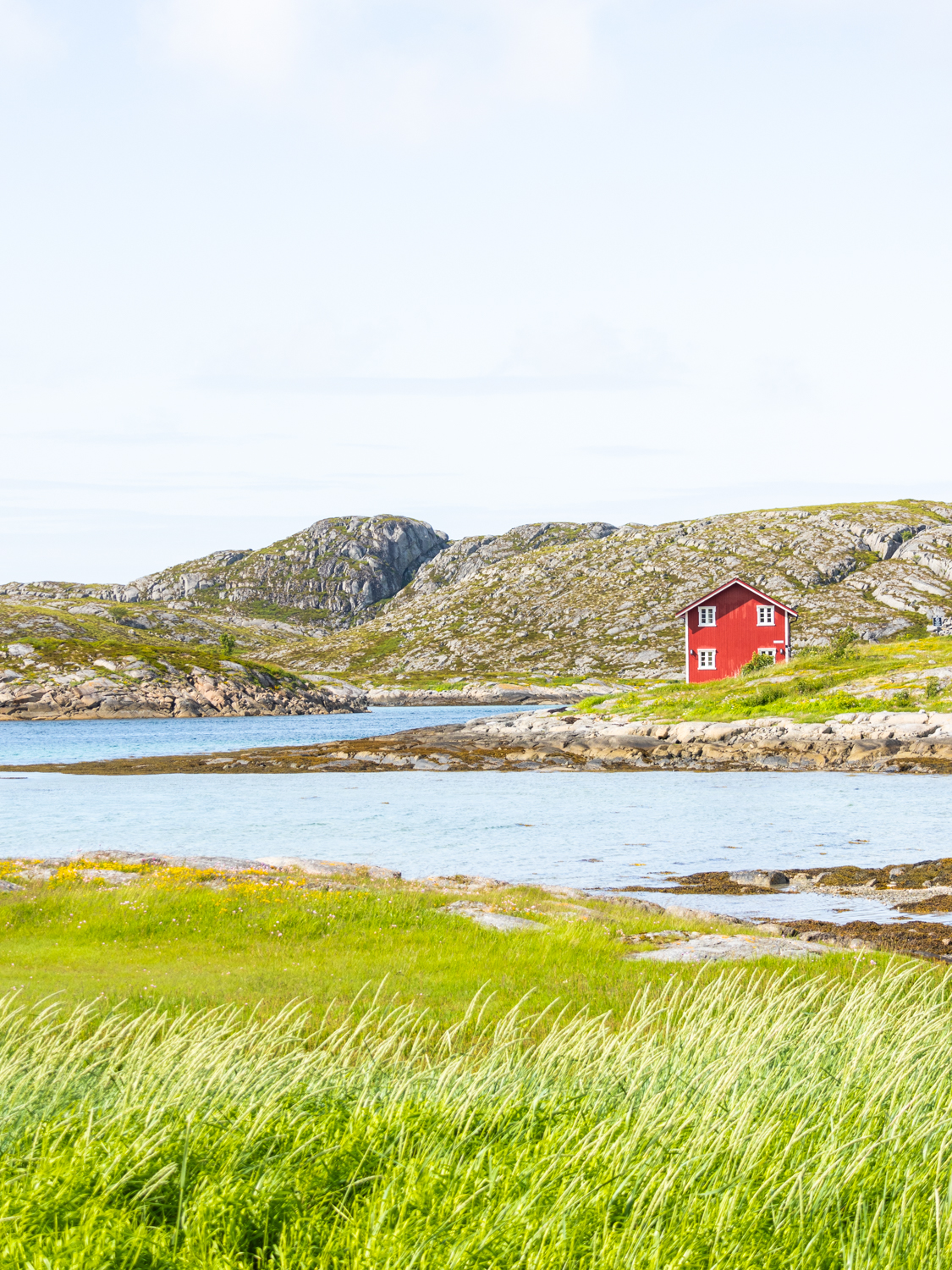 photo d'une Maison rouge isolée au bord de la mer entouré d'un paysage verdoyant et sauvage de Norvège. Format Portrait