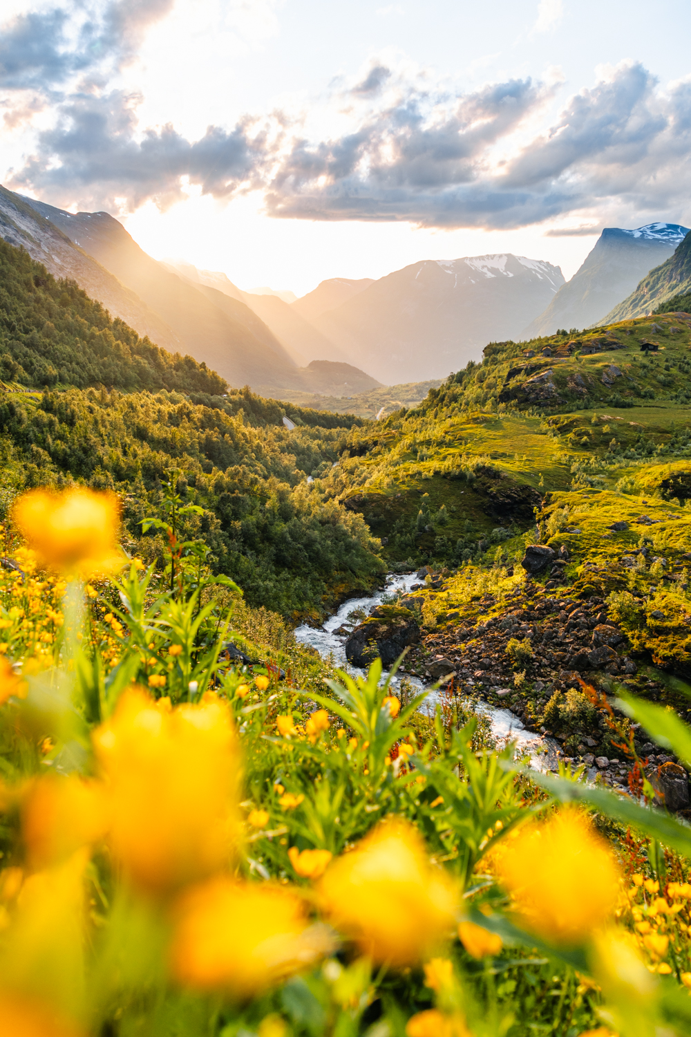 photo de Paysage grandiose de Norvège avec les montagnes abruptes et la verdure illuminées par le soleil couchant. Format portrait