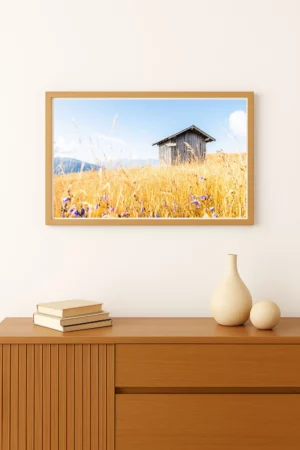 Cadre photo d'une Cabane rustique isolée au milieu d'un vaste champ avec des fleurs. Format Paysage