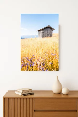Cadre photo d'une Cabane rustique isolée au milieu d'un vaste champ avec des fleurs. Format Portrait