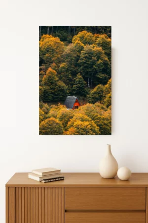 photo d'une Cabane solitaire entourée des couleurs chaudes et dorées du feuillage automnal