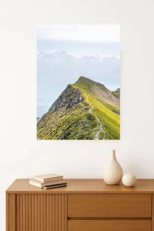 tirage photo d'une Crête herbeuse offrant une vue panoramique sur le majestueux massif du Mont-Blanc