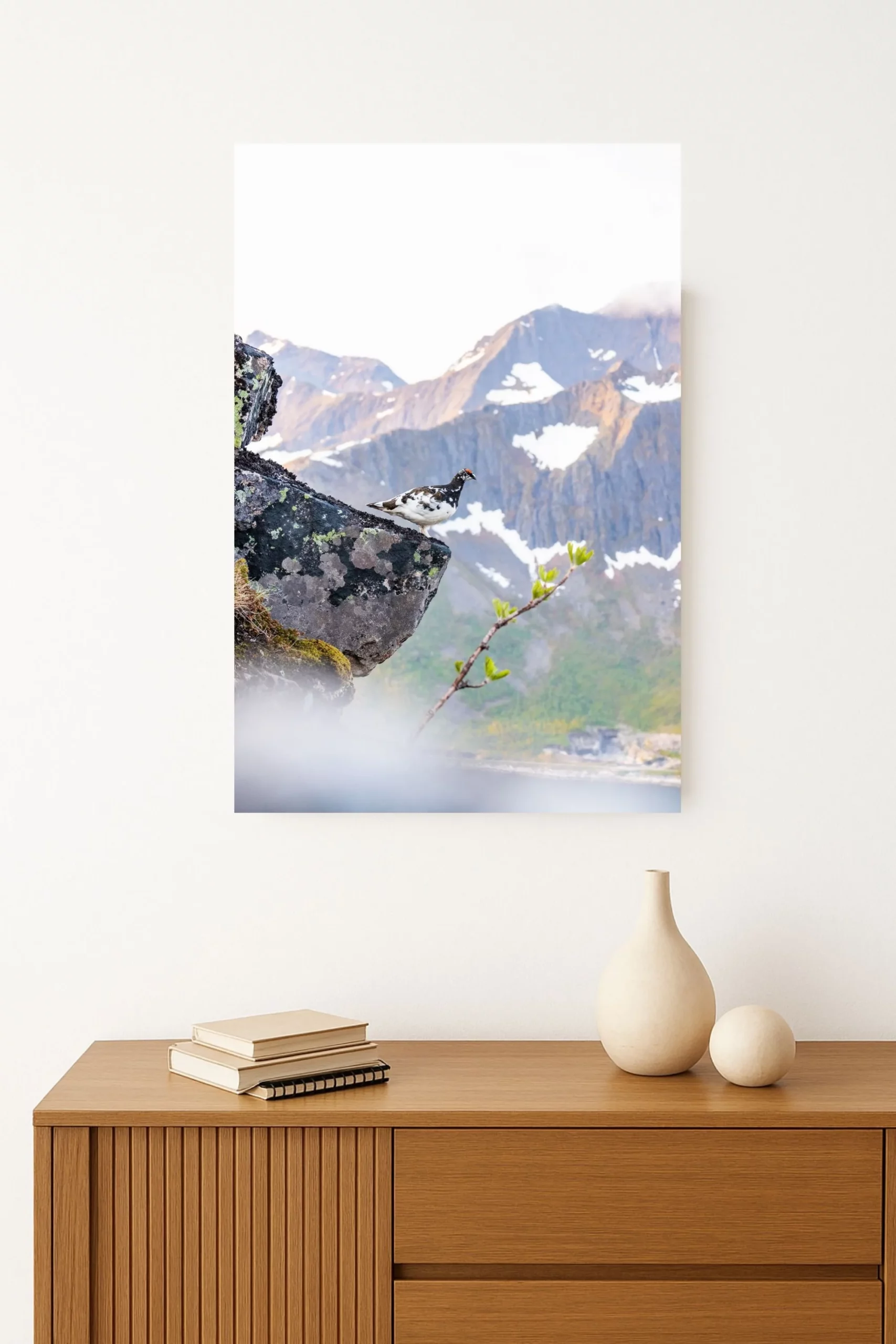 tirage photo d'un lagopède dans son plumage hivernal se camouflant parfaitement dans le paysage arctique norvégien