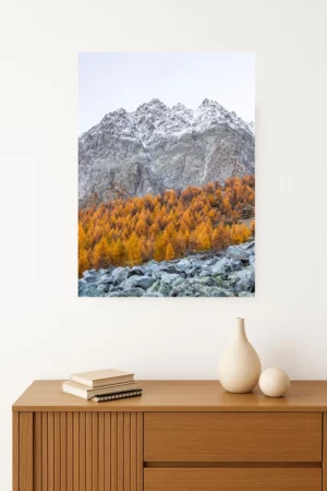 tirage photo d'une superposition de sommets enneigés, de forêts aux couleurs automnales et d’un pierrier