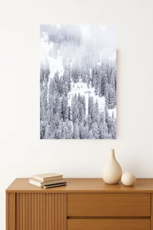 tirage photo d'une Piste de ski serpentant à travers une forêt de sapins enneigés dans un décor hivernal