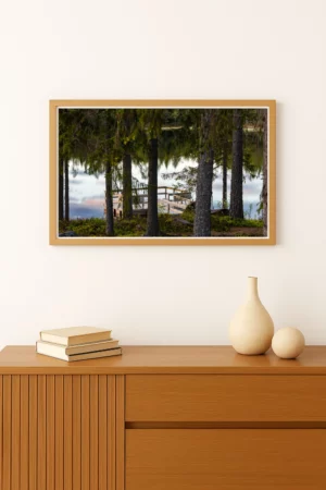 tirage photo d'un Ponton en bois s'avançant sur les eaux calmes d'un lac dans une forêt