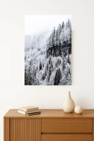 tirage photo de sapins recouverts de neige fraîche formant un paysage forestier immaculé